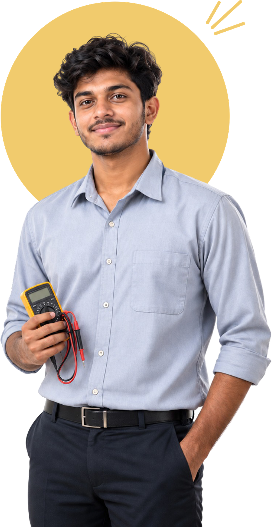 ETC graduate holding a multimeter